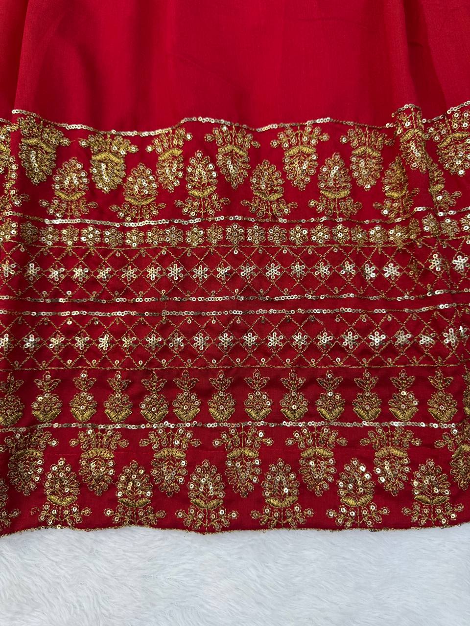 Classic Crimson Red Bridal Lehenga Choli Featuring Opulent Gold Zari Embroidery and Scalloped Borders